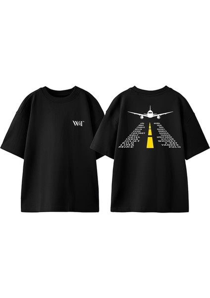Airplane Pilot Flying Tasarım Sırt Baskılı Pamuk Siyah Oversize T-Shirt