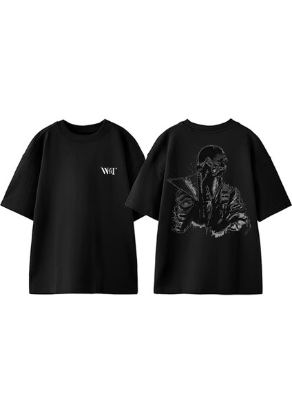 Pilot ve Ucak Tasarım Sırt Baskılı Pamuk Siyah Oversize T-Shirt