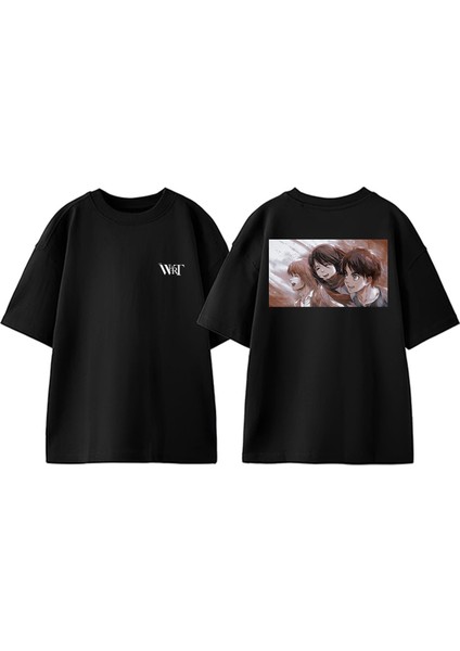 Attack On Titan 42 Tasarım Sırt Baskılı Pamuk Siyah Oversize T-Shirt