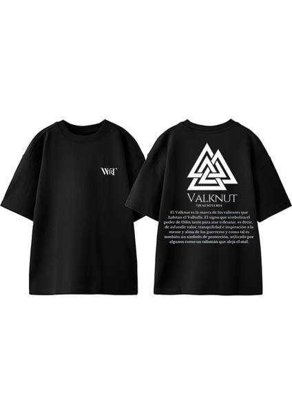 Valknut Viking Tasarım Sırt Baskılı Pamuk Siyah Oversize T-Shirt