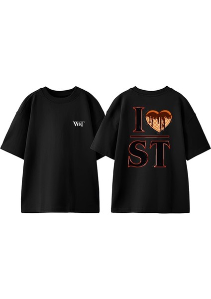 I Love Stranger Things Tasarım Sırt Baskılı Pamuk Siyah Oversize T-Shirt