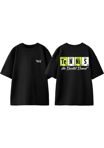 Element Tennis Tasarım Sırt Baskılı Pamuk Siyah Oversize T-Shirt