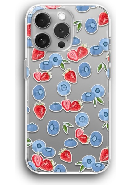 Apple iPhone 11 Pro Max Uyumlu Şeffaf Kılıf Çilek ve Yaban Mersini Berry Çizim