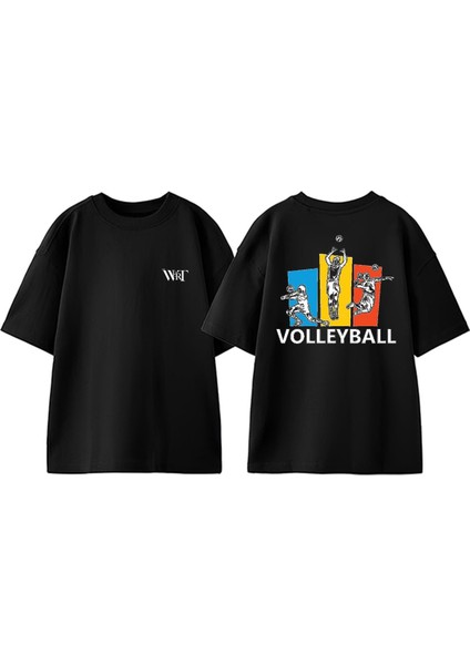 Volleyball Player Logo Tasarım Sırt Baskılı Pamuk Siyah Oversize T-Shirt