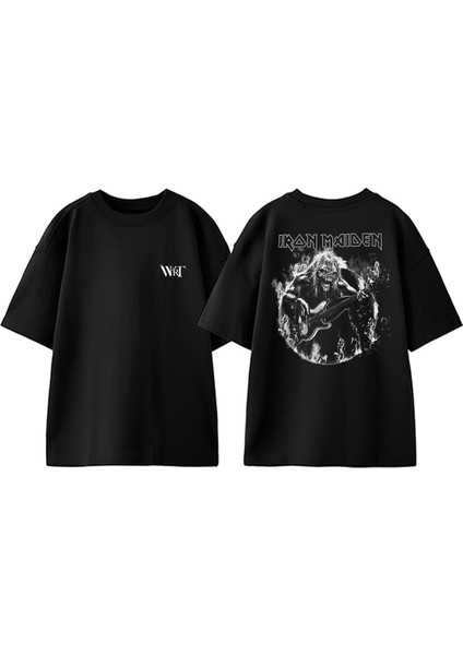 Iron Maiden 1 Tasarım Sırt Baskılı Pamuk Siyah Oversize T-Shirt