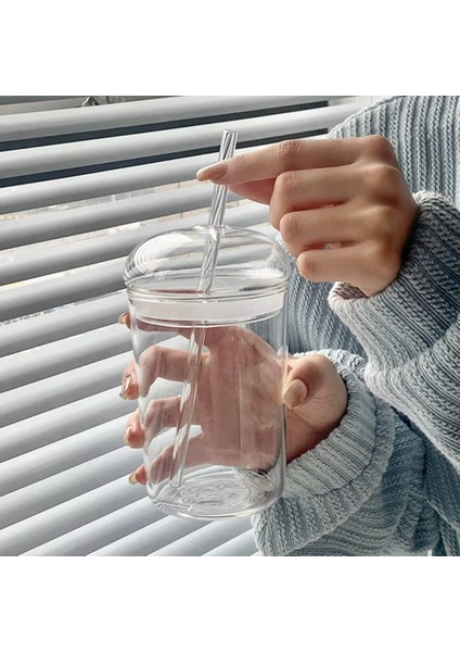 500 ml Cam Bardak Kapaklı Pipetli Şeffaf Kahve Su Bardağı
