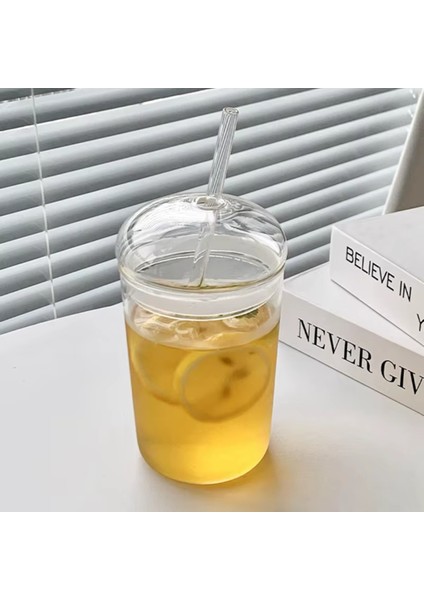 500 ml Cam Bardak Kapaklı Pipetli Şeffaf Kahve Su Bardağı