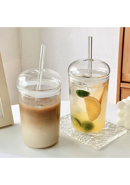 500 ml Cam Bardak Kapaklı Pipetli Şeffaf Kahve Su Bardağı