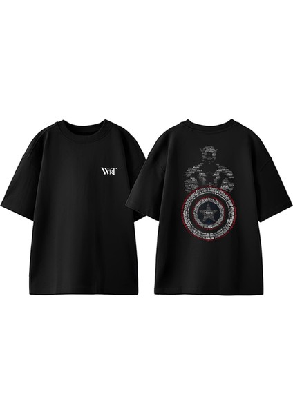 Kaptan America Kalkan Tasarım Sırt Baskılı Pamuk Siyah Oversize T-Shirt