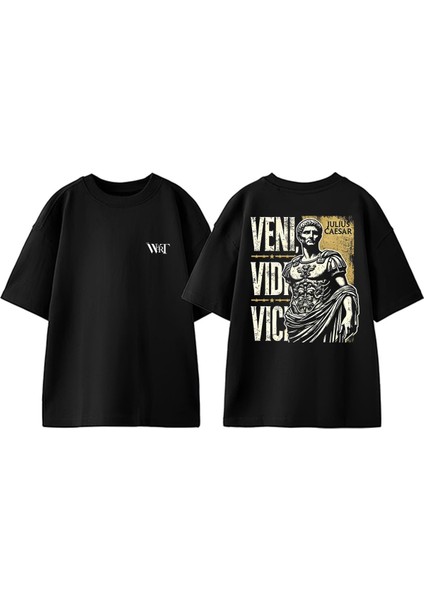 Veni Vidi Vici Julius Caesar Tasarım Sırt Baskılı Pamuk Siyah Oversize T-Shirt