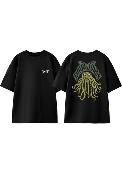 Davy Jones Tasarım Sırt Baskılı Pamuk Siyah Oversize T-Shirt