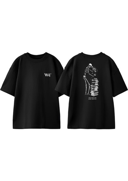Nine Lives And More Tasarım Sırt Baskılı Pamuk Siyah Oversize T-Shirt