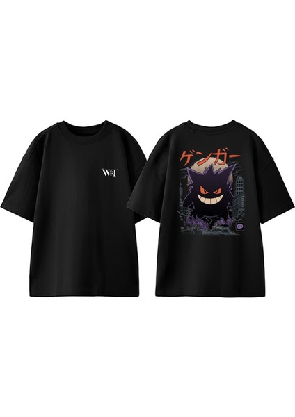 Pokemon Gengar Tasarım Sırt Baskılı Pamuk Siyah Oversize T-Shirt