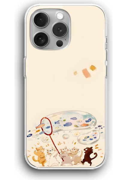 Apple iPhone 11 Pro Max Uyumlu Şeffaf Kılıf Tatlı Balık Avlayan Kedicikler Çizim