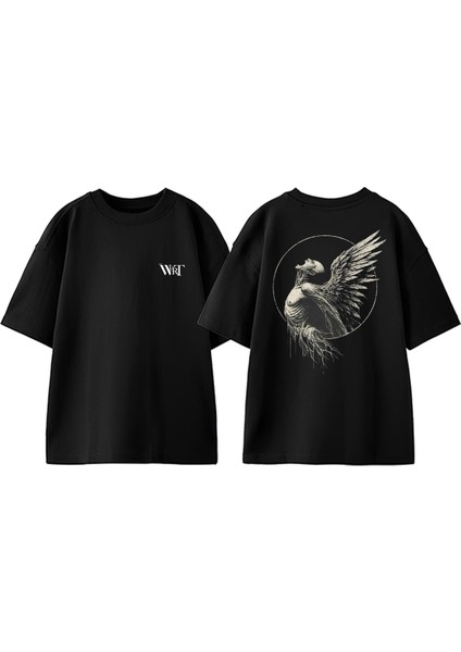 Bagiran Melek Tasarım Sırt Baskılı Pamuk Siyah Oversize T-Shirt