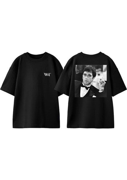 Tony Montana Black White Tasarım Sırt Baskılı Pamuk Siyah Oversize T-Shirt