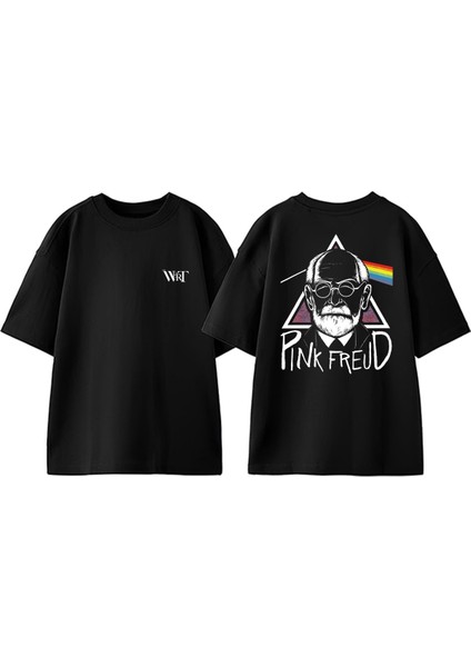 Pınk Freud Tasarım Sırt Baskılı Pamuk Siyah Oversize T-Shirt