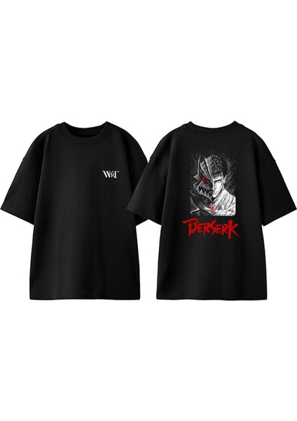 Berserk Yarim Yuz Tasarım Sırt Baskılı Pamuk Siyah Oversize T-Shirt