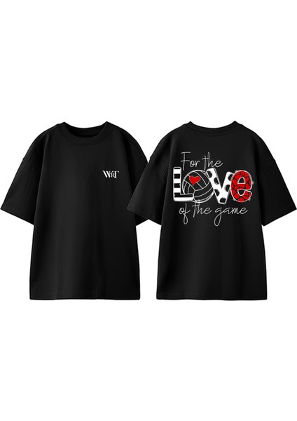 Love Game Volleyballl Tasarım Sırt Baskılı Pamuk Siyah Oversize T-Shirt