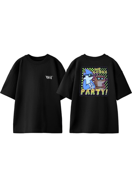 Regular Show Sticker Party Tasarım Sırt Baskılı Pamuk Siyah Oversize T-Shirt