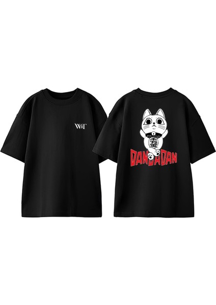 Dandadan Kedi Tasarım Sırt Baskılı Pamuk Siyah Oversize T-Shirt