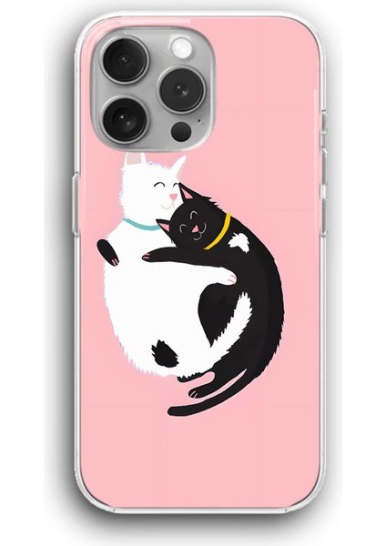 Apple iPhone 11 Pro Max Uyumlu Şeffaf Kılıf Tatlı Sarılan Kediler Siyah Beyaz Sevgili
