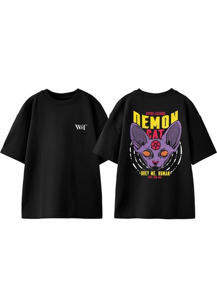 Demon Cat Obey Me Human Tasarım Sırt Baskılı Pamuk Siyah Oversize T-Shirt