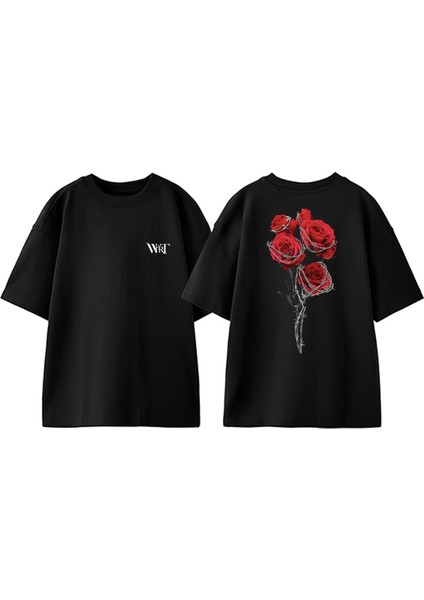 Dikenli Telli Gul Tasarım Sırt Baskılı Pamuk Siyah Oversize T-Shirt