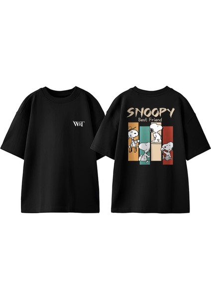 Snoopy Best Friend Tasarım Sırt Baskılı Pamuk Siyah Oversize T-Shirt