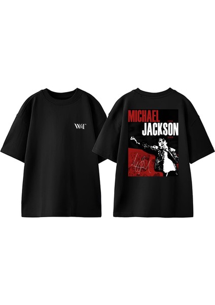 Michael Jackson Poster Tasarım Sırt Baskılı Pamuk Siyah Oversize T-Shirt