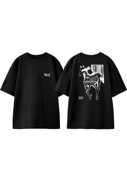 Deftones 2 At Tasarım Sırt Baskılı Pamuk Siyah Oversize T-Shirt