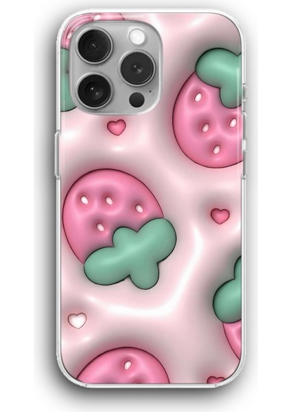 Apple iPhone 11 Pro Uyumlu Şeffaf Kılıf Pembe Çilek Şişme Görünümlü Meyveler