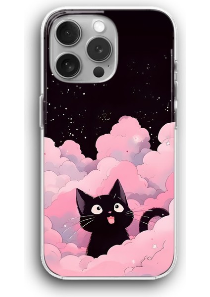 Apple iPhone 11 Pro Uyumlu Şeffaf Kılıf Tatlı Kedicik Siyah Uzay Gökyüzü Manzara