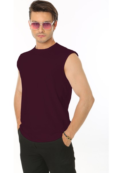 Erkek Bordo Bisiklet Yaka Tank Sıfır Kol Atlet %100 Pamuk T-Shirt