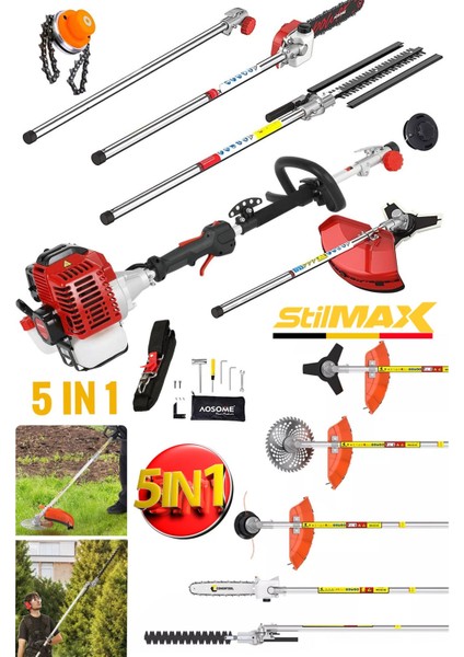 Çok Fonksiyonlu 5ın1 Bahçe Tırpan Seti Güçlü Super 20HPX Motorlu, Benzinli Budama Çit Biçme Testere