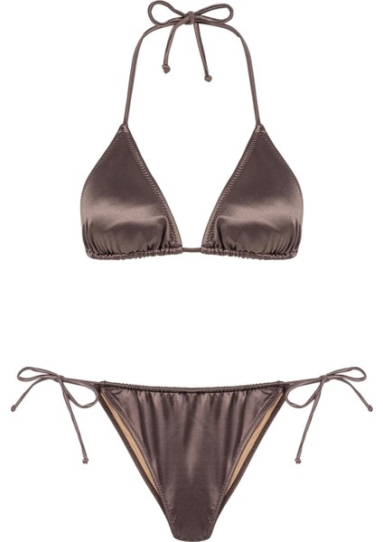 Saten Kahve Üçgen Bikini Takım