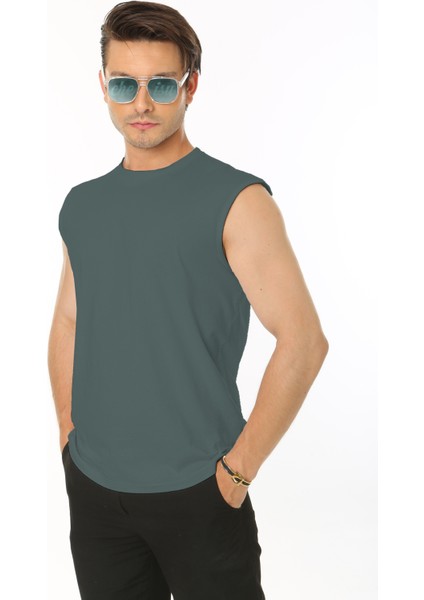Erkek Petrol Yeşili Bisiklet Yaka Tank Sıfır Kol Atlet %100 Pamuk T-Shirt