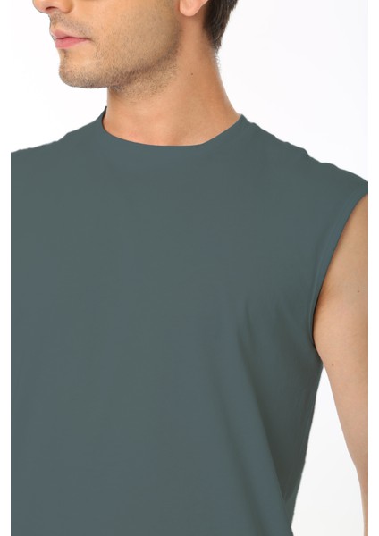 Erkek Petrol Yeşili Bisiklet Yaka Tank Sıfır Kol Atlet %100 Pamuk T-Shirt