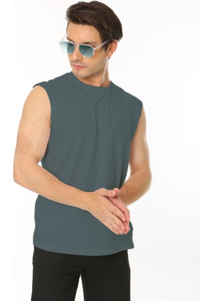 Erkek Petrol Yeşili Bisiklet Yaka Tank Sıfır Kol Atlet %100 Pamuk T-Shirt