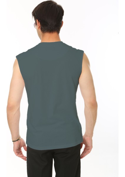 Erkek Petrol Yeşili Bisiklet Yaka Tank Sıfır Kol Atlet %100 Pamuk T-Shirt