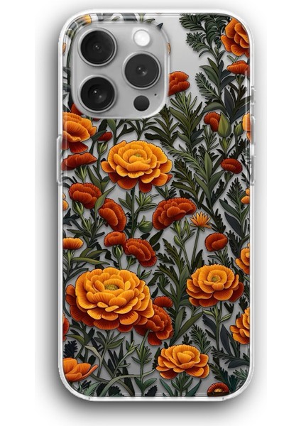 Apple iPhone 11 Pro Uyumlu Şeffaf Kılıf Çiçek Desen Turuncu
