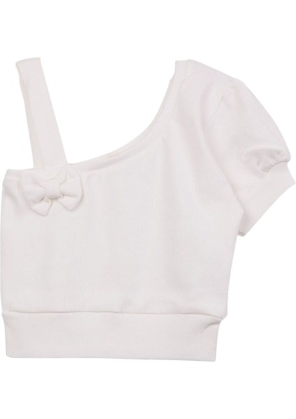 Kız Çocuk Fiyonk Detaylı Tek Omuz Model Crop Tişört