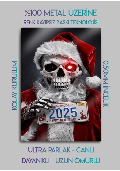 Happy New Year, Mutlu Yıllar Kurukafa Noel - Metal Tablo fiyatları