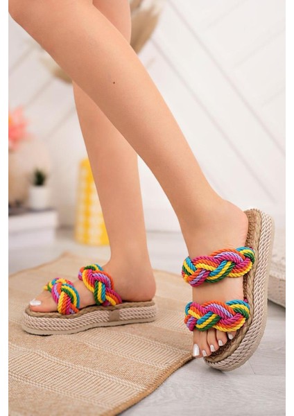 Rainbow Gri Şerit Örgü Halat Terlik