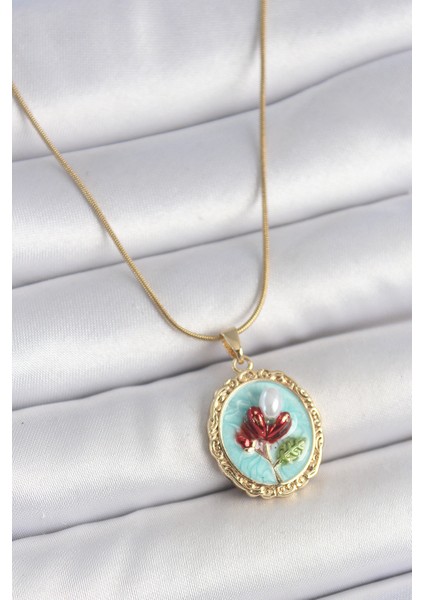 316L Çelik Gold Renk Zincir Turkuaz Mineli Incili Çiçek Işlemeli Portre Model Kadın Kolye