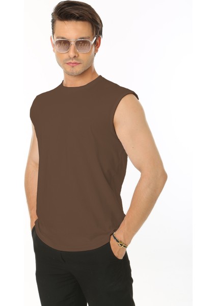 Erkek Kahverengi Bisiklet Yaka Tank Sıfır Kol Atlet %100 Pamuk T-Shirt