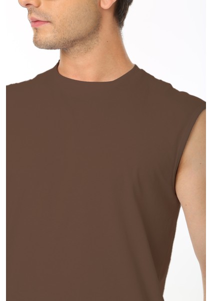Erkek Kahverengi Bisiklet Yaka Tank Sıfır Kol Atlet %100 Pamuk T-Shirt