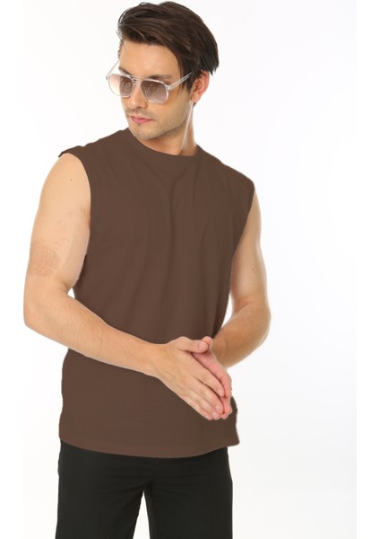 Erkek Kahverengi Bisiklet Yaka Tank Sıfır Kol Atlet %100 Pamuk T-Shirt