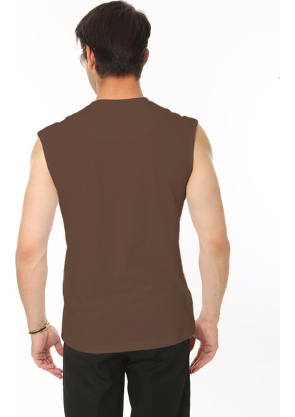 Erkek Kahverengi Bisiklet Yaka Tank Sıfır Kol Atlet %100 Pamuk T-Shirt