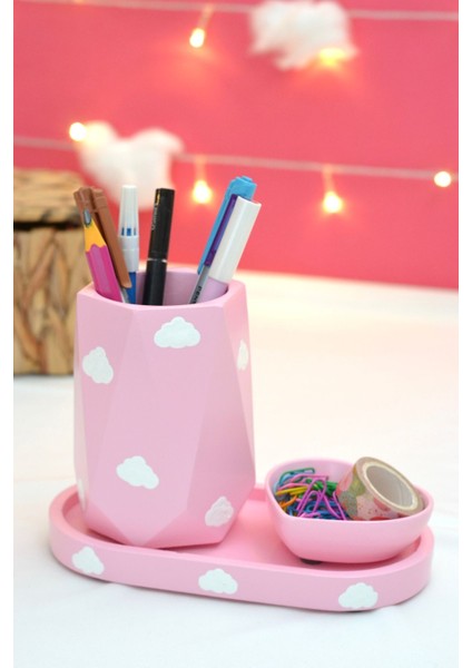 Luxury Bulutlu Pembe Organizer Set (3 Parça)(Kalemlik, Oval Tepsi ve Mini Kalp Tabak) | Banyo Organizeri 1 Adet